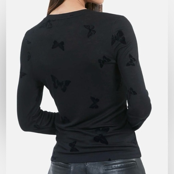 NWT The Kooples Flocked Butterfly Long-Sleeve Ribbed Tee 1 (S) Black Crest - Picture 3 of 11